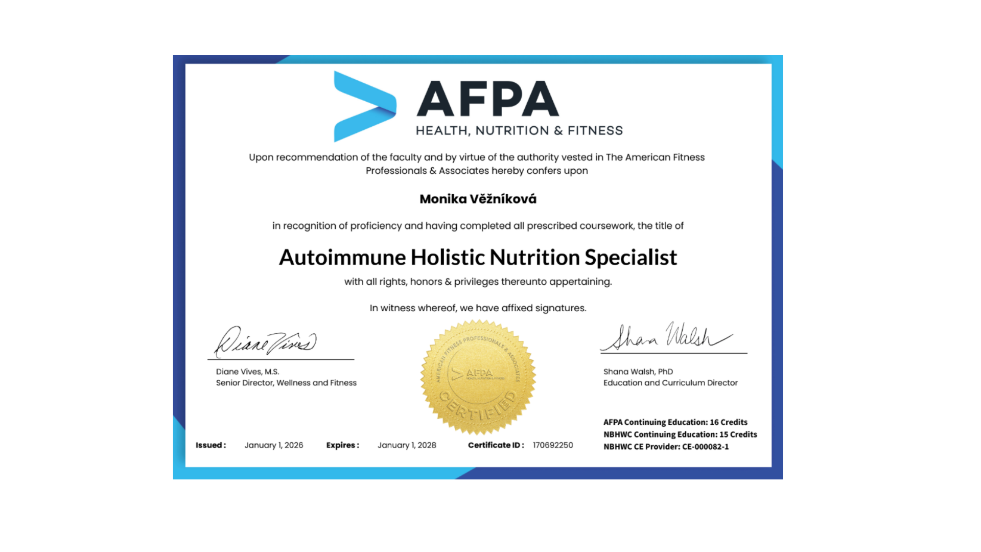 Certifikát AFPA – Autoimmune Holistic Nutrition Specialist